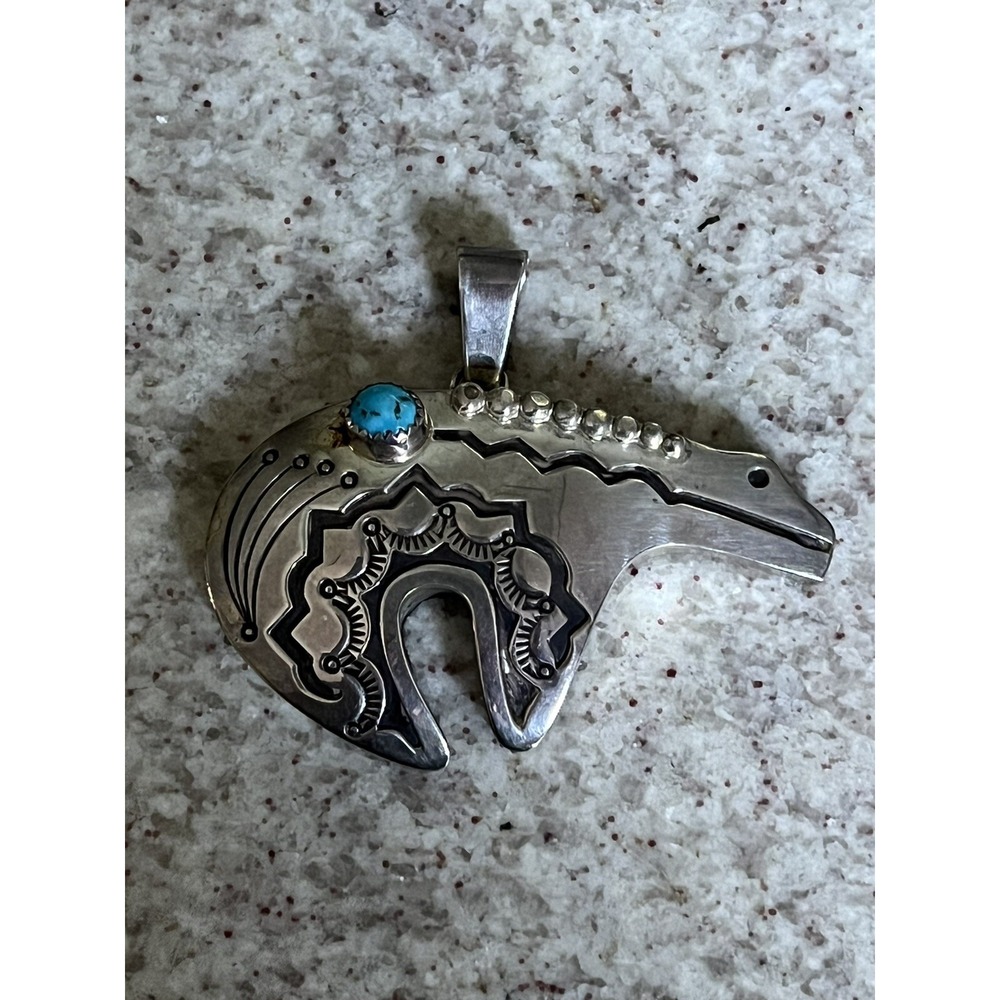 Vtg Navajo Fetish Bear Turquoise Sterling Silver Pendant Signed Jerry Roan 29g